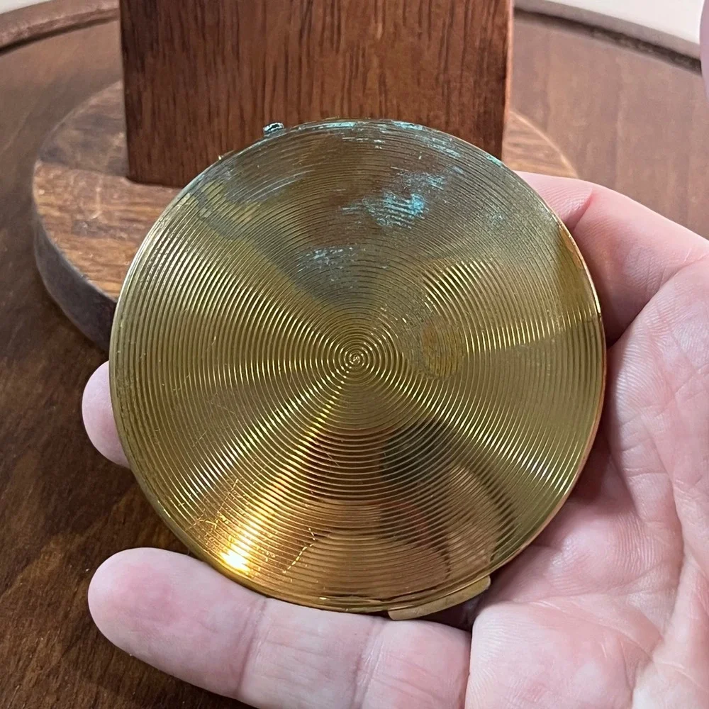 Vtg Stratton England Floral Enamel Powder Compact Teal Gold Tone Made in UK